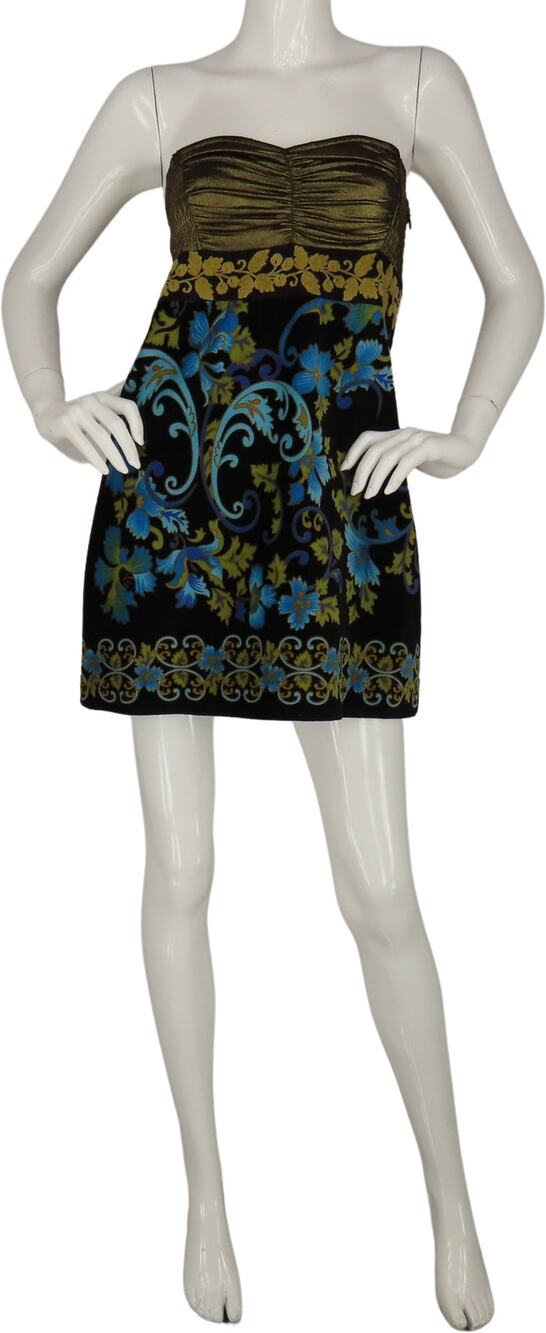 Free People Lost In Paradise Metallic Velvet Blue Flower Strapless Mini Dress